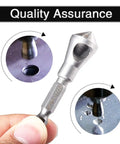 Wood Countersink Deburring Tool Set With One Quarter Hex Shank Chamfer Bits Five Sixty Fourths One Eighth Three Sixteenths Set Of 3 No Fuss Quick Change Drill Bits For Sinking Ninety Degree Holes In Wood And Soft Metals, shown with close-up of drilled holes.