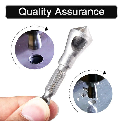 Wood Countersink Deburring Tool Set With One Quarter Hex Shank Chamfer Bits Five Sixty Fourths One Eighth Three Sixteenths Set Of 3 No Fuss Quick Change Drill Bits For Sinking Ninety Degree Holes In Wood And Soft Metals, shown with close-up of drilled holes.