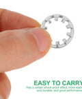 Close-up of stainless steel internal tooth lock washer from 300 piece star shape assortment kit in hand for heavy duty fastening