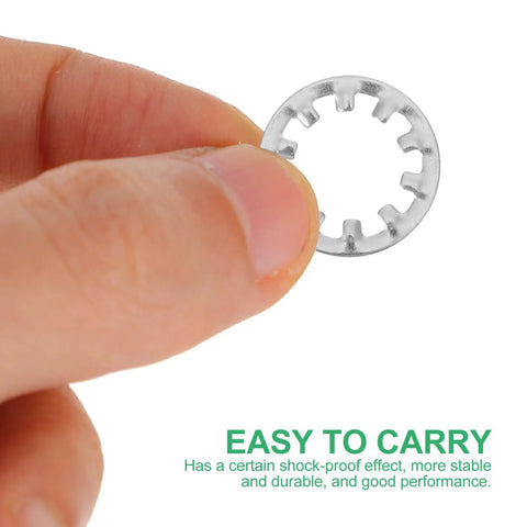 Close-up of stainless steel internal tooth lock washer from 300 piece star shape assortment kit in hand for heavy duty fastening