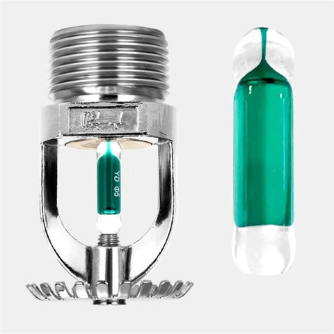 Straight Up Heavy Duty Upright Fire Sprinkler Heads 6 Pack Quick Response 199F Nickel Plated Copper 1/2 Inch Pipe Thread showing green glass vial