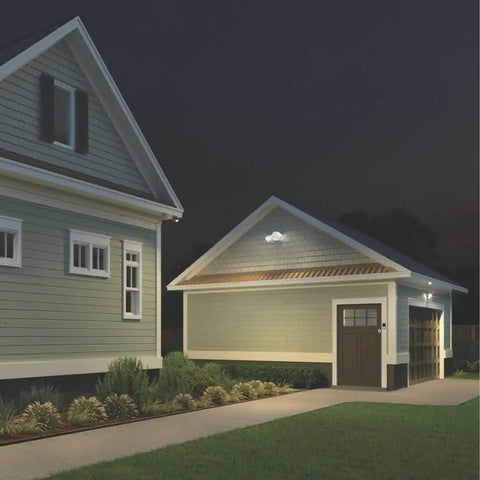 HomeGuard Two Light LED Outdoor Flood Light Kit Wall Or Ceiling Mount 4000K Cool White Round Heads on garage wall