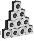 Front view: ten NEMA 17 bipolar stepper motors with silver faceplates and black shafts; 4‑lead cables included