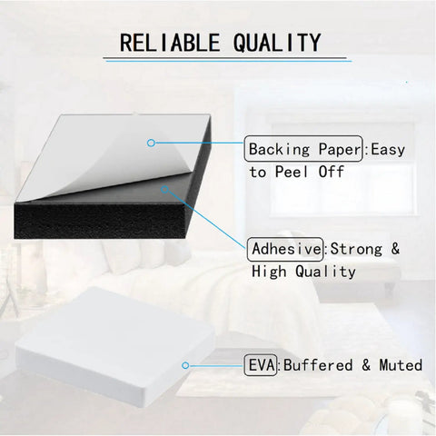 Close-up of EVA foam headboard stopper showcasing adhesive backing, 0.4 inch thick, Zero Thump Guarantee This 24 Pcs Eva Foam Headboard Stoppers Kit Packs Heavy Duty Wall Shielding For Bed Frames And Couches Thick Anti Vibration Furniture Pads Keep Things Smooth As Butter In Black White.