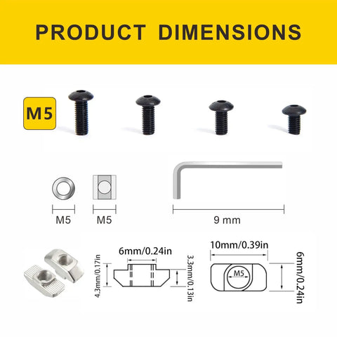 All In One Heavy Duty 222 Pcs M5 T Nuts Screws Kit dimensions and components for 2020 Series Aluminum Extrusion