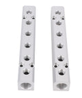 Two Pack Six Way Eight Port Air Compressor Manifold Block with One Quarter Inch NPT Output Ports and One Half Inch NPT Supply Port