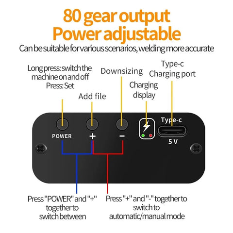 Digital interface of 80 Tooth Adjustable DIY Mini Spot Welder with labeled buttons and Type-C charging port for precise spot welds.