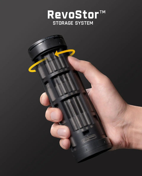 Hand holding RevoStor case for E2 Ultra Electric Screwdriver Kit With 50 Magnetic Bits