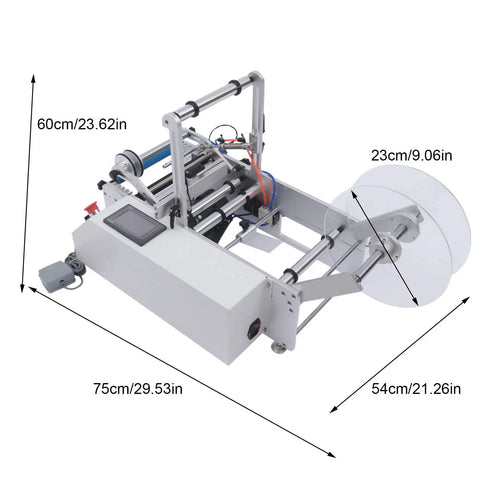 Semi Automatic Label Applicator Round Bottle Labeling Machine With High Precision Fiber Sensor And 300W Motor, side view with dimensions shown.