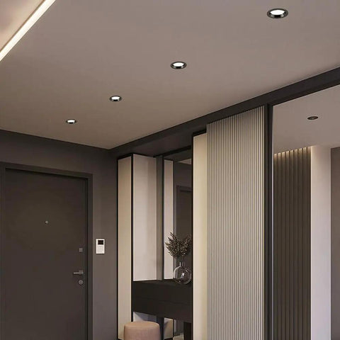 saditesdk 12Pack Led Recessed Lighting - 5W/7W Black Recessed Lights in modern hallway setting with elegant decor.