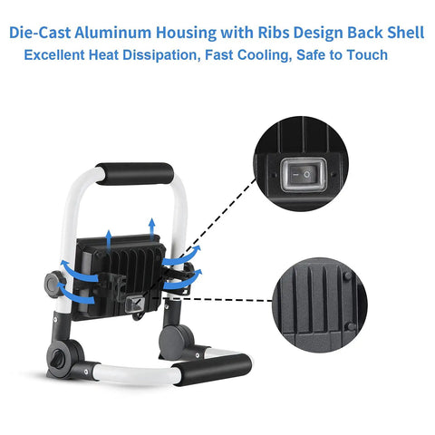 Back view of 3000 Lumen LED Work Light With Adjustable Stand And Switch, showing die-cast aluminum housing and ON/OFF switch.