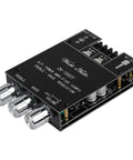 Beefy Bluetooth Five Point Zero Stereo Amplifier Board With Two Channel 100 Watts Per Channel 200 Watts Total Treble And Bass Control AUX Input And App Control For Home Speaker Setup shown with knobs and inputs visible.