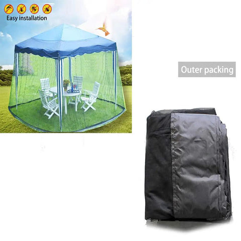 10 Foot Patio Mosquito Netting for Umbrella Cover With Zipper Windproof Screen, folded and installed on outdoor umbrella.