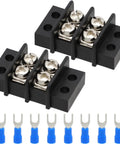 Two Pack Dual Row Terminal Block Kit With 2 Circuits, 20-30A, 200V-450V Screw Terminal Strips, Heavy Duty Wire Clamps, Includes Eight Heat Shrink Connectors For Clean, Easy Wiring And Less Clutter, black 2-position blocks and blue fork terminals
