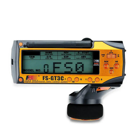 Flysky FS-GT3C RC Transmitter 2.4GHz 3CH LCD Remote Controller with FS-GR3E Receiver, yellow design, ergonomic grip.