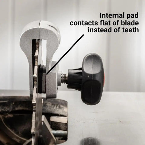 Blade-Lock Table Saw Blade Change Tool For 10 Inch Saws, fast one-tool change with secure clamp system protecting blade teeth