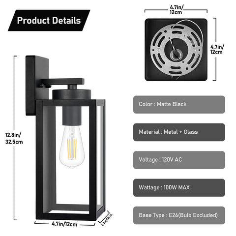 Weatherproof Outdoor Wall Light Fixtures 2 Pack Modern Matte Black Sconces With Glass Shades E26 Sockets dimensions