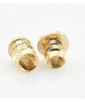 Two brass knurled threaded inserts for plastic M2 to M8 with flange nut and copper core, showing heat melt design and built-in guide