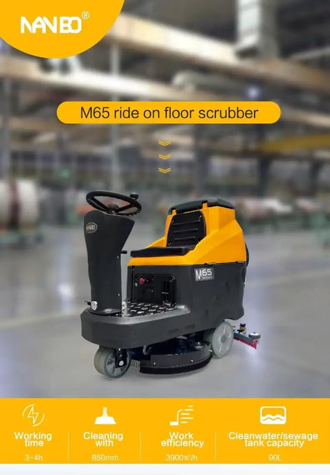 Top Shelf Ride On Automatic Floor Scrubber 33 Inch Wide Cleaning Path Heavy Duty Commercial Floor Washer from NANBO, M65 model.