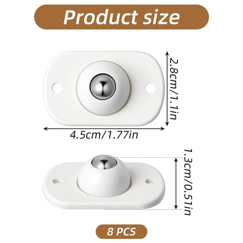 Dimensions of Eight Pack Self Adhesive Caster Wheels With 360 Degree Swivel Universal Small Casters in white, for various furniture.