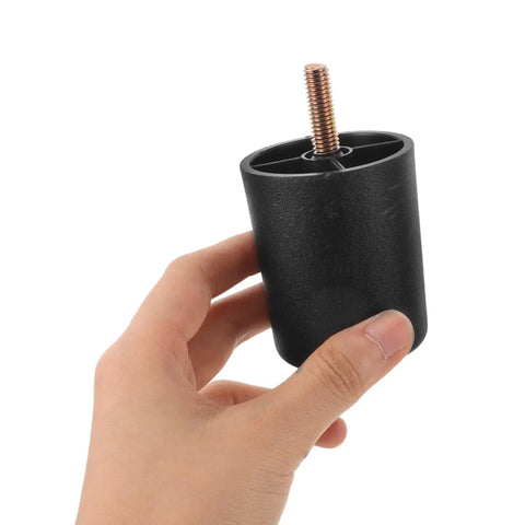 Hand holding one piece of 4 Pack Round Furniture Leg Replacement Set for Chairs and Tables, Plastic and Metal Design, Easy to Install