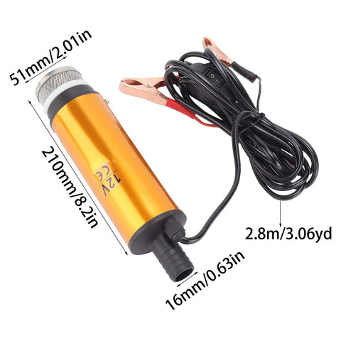 Beefy 12V Submersible Water Transfer Pump For Diesel Kerosene And Water, Portable Mini Sump Pump With 51mm Outlet, showing dimensions