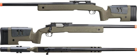 USMC M40A3 Cycling Action Airsoft Rifle in OD Green Gun Only, side view showing realistic bolt cycling action and polymer stock.