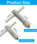 Heavy Duty Ratchet T Handle Tap Wrench For Metric M3-M8 And M5-M12 Threads Dual Direction Ratcheting With Locking Function Chrome Plated Alloy Steel Build Ideal For DIY Enthusiasts And Pro Shops shown with dimensions