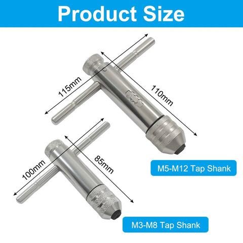 Heavy Duty Ratchet T Handle Tap Wrench For Metric M3-M8 And M5-M12 Threads Dual Direction Ratcheting With Locking Function Chrome Plated Alloy Steel Build Ideal For DIY Enthusiasts And Pro Shops shown with dimensions