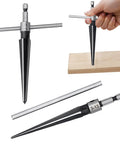 Bridge Pin Hole Tapered Reamer Set with Two T Handle Chamfer Reamers for Pro Grade Holes and Burr Busting in use on wood