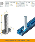 Close-up of a metal T bolt and Double Cut 36 Inch Universal T Track with predrilled mounting holes, showing compatibility for woodworking.