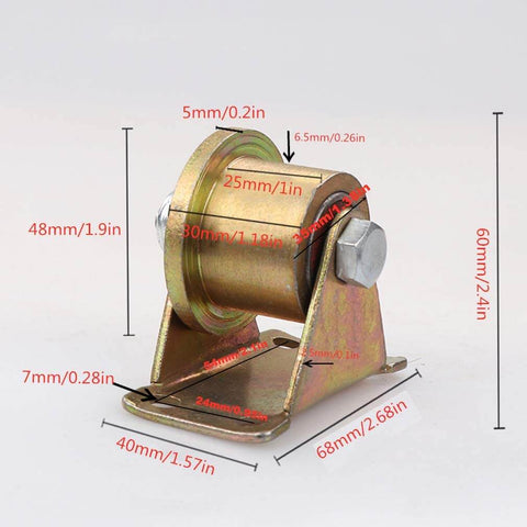 Smooth, quiet T-groove track wheels deliver stable gate or cart movement; galvanized 45 steel roller showing dimensions.