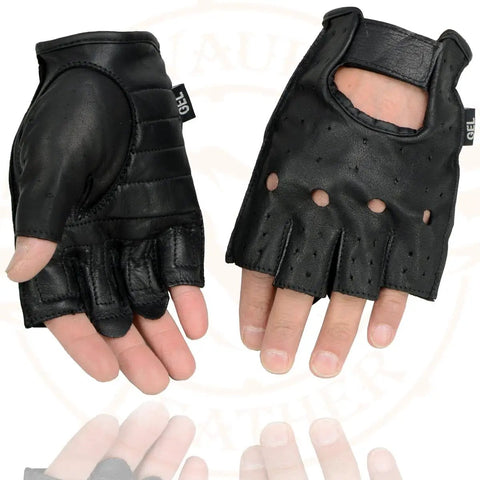 Men's Black Perforated Leather Motorcycle Gloves With Gel Padded Palm, Fingerless Open Knuckle, Great Grip And Vibration Reduction For Riding, SH195, Extra Large, front and back view
