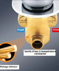 Heavy Duty Four Way Brass Shower Diverter Valve With Tight Multi Port Flow Routing For Quick Bathroom Upgrades And Zero Stress Temperature Tweaks For Rock Solid Daily Performance showing buttons for cold and hot water