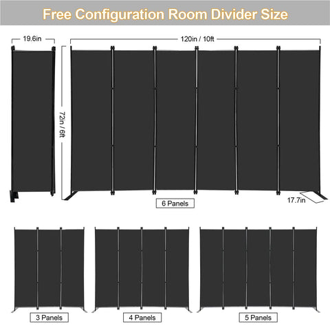 Illustration of Six Panel Folding Privacy Screen, 9 Feet Wide By 6 Feet Tall, Portable Room Divider with measurements and configurations.