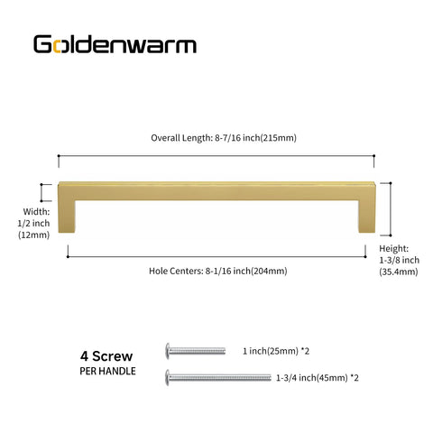 Brushed Brass Cabinet Pulls 8 Inch Center, 204mm Hole Centers, Half Inch Square Bar, 10 Pack dimensions illustration
