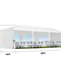 10 By 30 Outdoor Party Tent For Weddings And Events With Heavy Duty Canopy Water Resistant And UV Protected Includes Five Removable Sidewalls Ideal Garden Patio Backyard Gazebo White set up with tables and chairs inside.