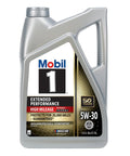 Front view of Mobil 1 Extended Performance High Mileage full synthetic 5W-30 motor oil, 5-quart plastic bottle.