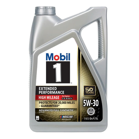 Front view of Mobil 1 Extended Performance High Mileage full synthetic 5W-30 motor oil, 5-quart plastic bottle.