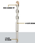 DEWALT masonry drill bit, front view; rock carbide tip and 4-flute design