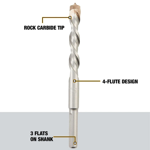 DEWALT masonry drill bit, front view; rock carbide tip and 4-flute design