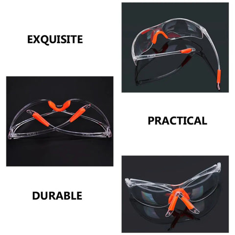 Rugged 4 Piece Set Of Anti Fog Safety Glasses Featuring Rock Solid Polycarbonate Shields and Soft Silicone Gaskets For Heavy Duty Workshop Protection, showing clear lenses and orange accents.