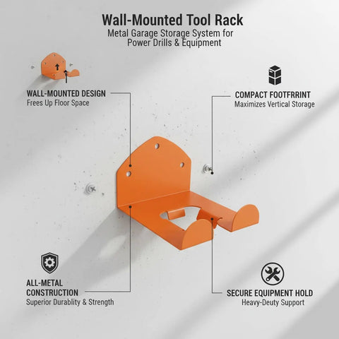 Orange Metal Wall Mounted Tool Rack For Small Garages, Space Saving Garage Organizer Hanger shown installed on wall