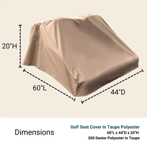 All Weather Golf Cart Seat Cover For 4 Passenger Carts Fits 2 Plus 2 Or 2 Person Universal Fit Quick Storage Access Bench Shield Protector Rain Dew And Sun in taupe polyester with dimensions 60"L x 44"D x 20"H, shown covered.