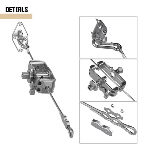 Shade Sail Hardware Kit With 24 Ft Wire Rope And Rectangle Installation Gear showing winches, clips, hooks, pad eyes, and wrench