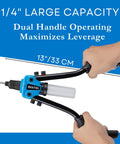 Two Handed Heavy Duty Rivet Gun Kit With 13 Inch Reach 210 Blind Rivets And Five Nosepieces Including Three Sixteenth Inch And One Eighth Inch For Metal Gutters And Automotive Projects, showing dual handle and leverage. 13 inch reach