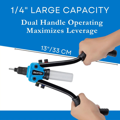 Two Handed Heavy Duty Rivet Gun Kit With 13 Inch Reach 210 Blind Rivets And Five Nosepieces Including Three Sixteenth Inch And One Eighth Inch For Metal Gutters And Automotive Projects, showing dual handle and leverage. 13 inch reach