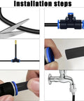 Installation steps for 49.21Ft Drip Irrigation Kit With Five Sixteenth Inch Tubing, showing connections and faucet adapter.