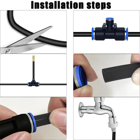Installation steps for 49.21Ft Drip Irrigation Kit With Five Sixteenth Inch Tubing, showing connections and faucet adapter.