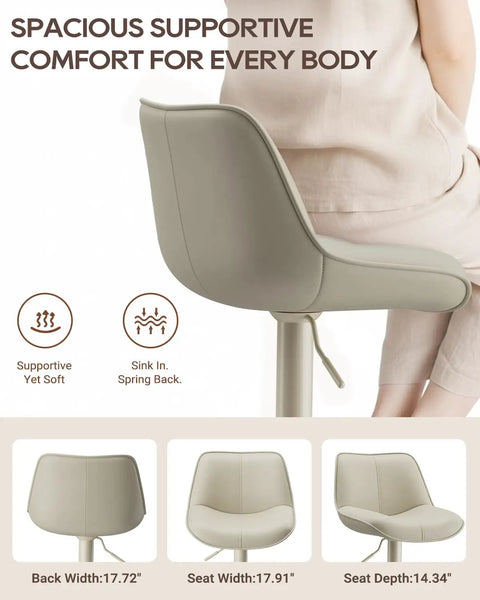 Side view of Adjustable Swivel Faux Leather Bar Stools Set Of 2, 26-34 Inch Counter Height Chairs, Beige Finish backrest